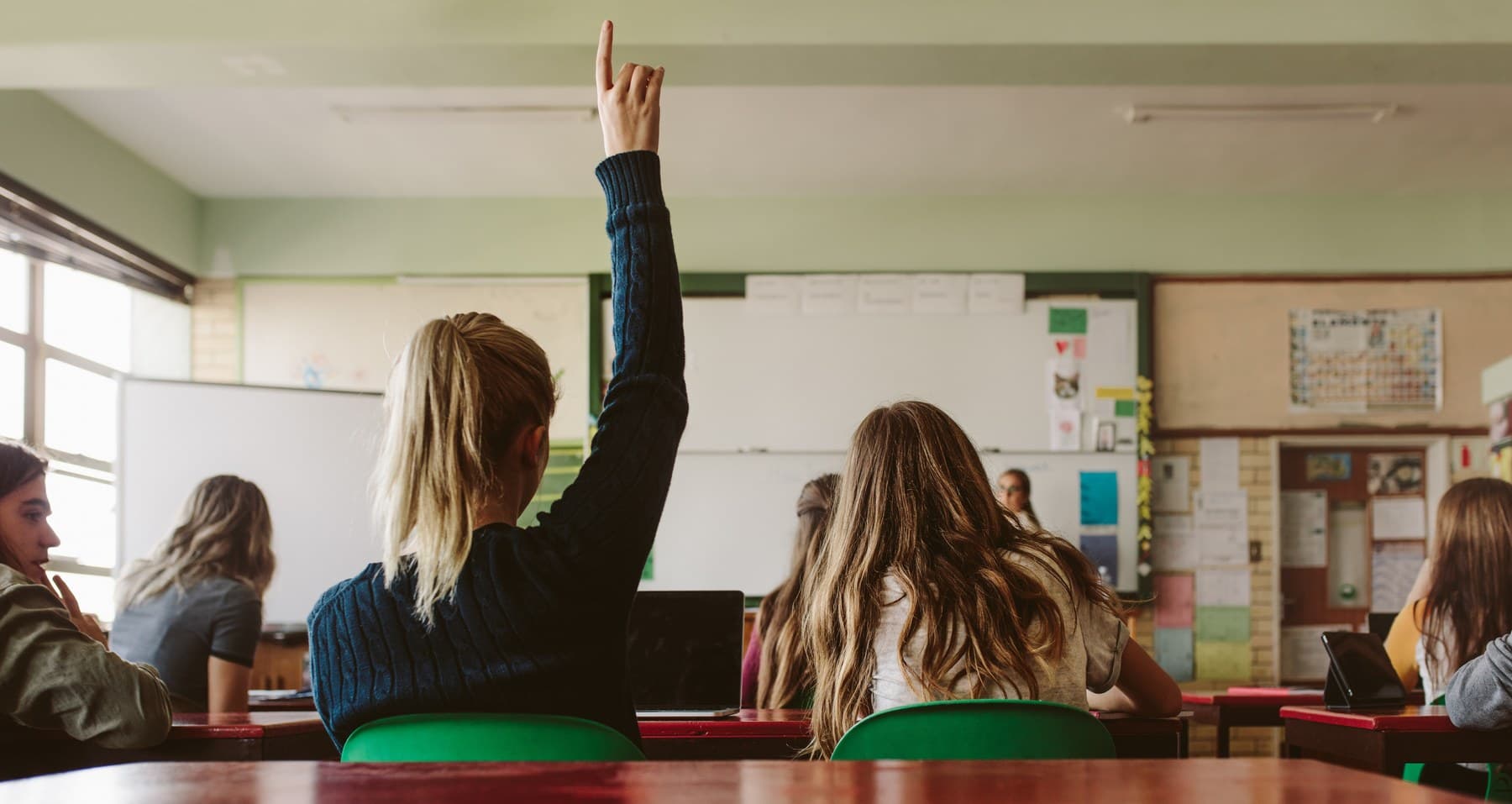 Student raising a hand in a classroom